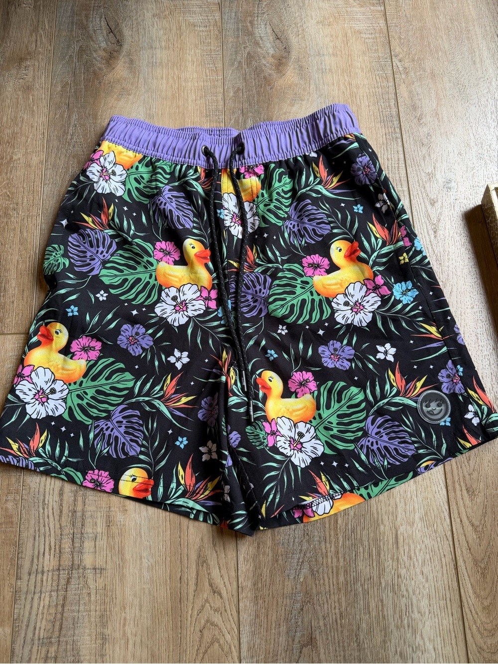 Neff Black Tropical Duck Print Shorts with Purple Waistband